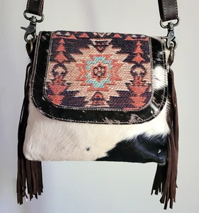 MYRA BAG Western Crossbody Shoulder Bag, Brown Leather Cowhide, Fringe, Colorful - Picture 1 of 21