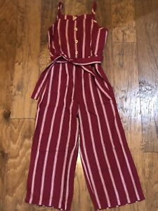 Abercrombie Kids Girls Size 9/10 Striped Maroon Red White Jumpsuit Romper NWT