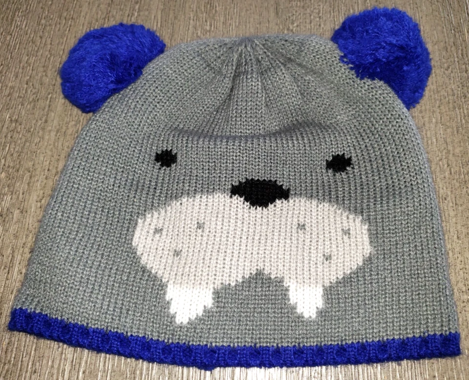 toddler BOYS GRAY WINTER KNIT BEANIE HAT PUPPY DOG FACE BLUE EARS CUTE! - Image 1 of 1