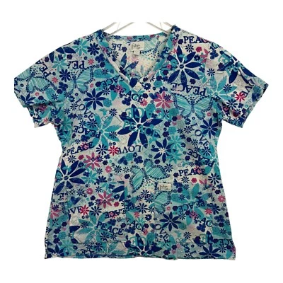 Peaches Sport Size S Scrub Top Blue With Peace Pattern Pockets Medical Nurse - Image 1 of 4
