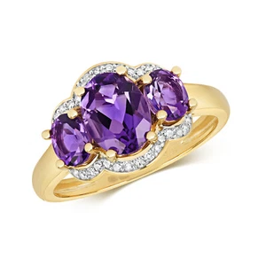 Exquisite 9k Yellow Gold Trilogy Diamond Ring 0.10 Carat with Amethyst 203912U - Picture 1 of 1