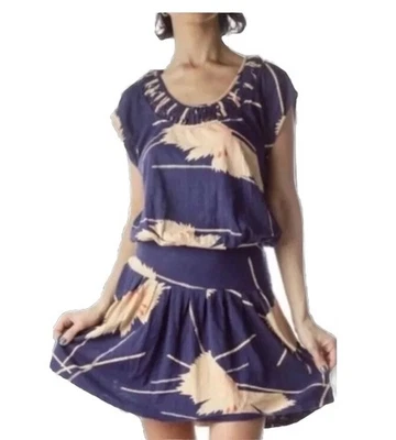 Mini Vestido LEIFNOTES Anthropologie Boho Azul Marino Beige Estampado Abstracto Manga Corta  Foto 1 de 4