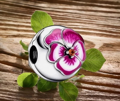 Sterlingsilber 925 Schmuck Anhänger rosa Stiefmütterchen Clip Charm f Armband - Bild 1 von 2