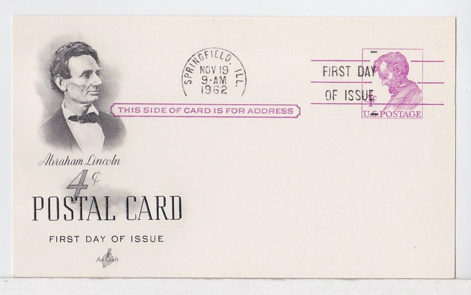 TurtlesTradingPost- Abraham Lincoln Postal Card 1962 #UX49  FDC Fleetwood Cachet - Image 1 of 1