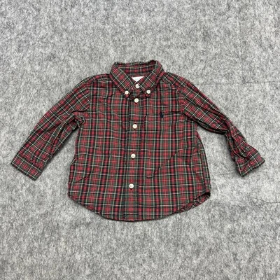 Ralph Lauren 男孩衬衫小号红色绿色格子纽扣长袖小马标志 — 第 1/4 张图片