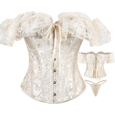 Women Corset Lace Sleeve Lace Up Sexy Bustier Lingerie Waist Trainer Costume Top - Image 1 of 4