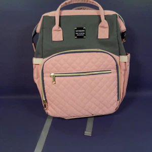 LoveQueen Diaper Bag Backpack Convertible Changing Table Bassinet Pink Gray - Picture 1 of 9