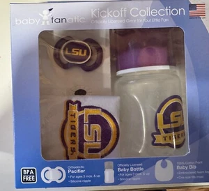LSU Tigers 3-Piece Gift Set with bib, pacifier and baby bottle New in gift box - Picture 1 of 1