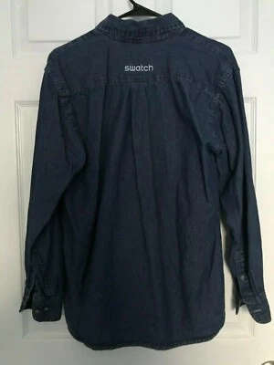 SWATCH Reloj Hombre Azul Botón Frontal Manga Larga Denim Jean Camisa S Harrington Foto 1 de 4