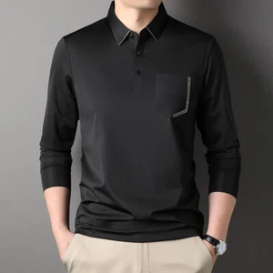 Men's Casual Solid Long Sleeve Soft Warm Polo Shirt Winter - Picture 1 of 12