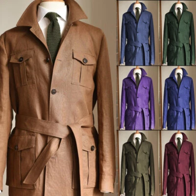 Trajes de lino vintage para hombre chaquetas de safari con cinturón varios bolsillos abrigos de caza Foto 1 de 4