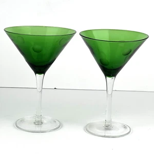 Set of 2 Martini Glasses Green Etched Indented Polka Dots Dimples - Picture 1 of 9