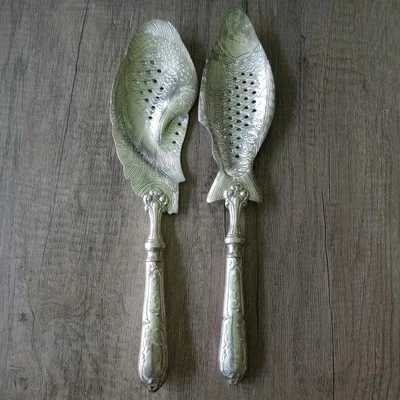 NICKEL/ SILVER PLATED FISH SERVER UTENSILS 11 3/4”L x 2 3/4”W. FISH & DUCK - Image 1 of 4
