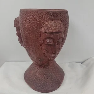 African Hand Carved Wood Bowl with Three Faces 7.5" T X 5" Diameter - Picture 1 of 8