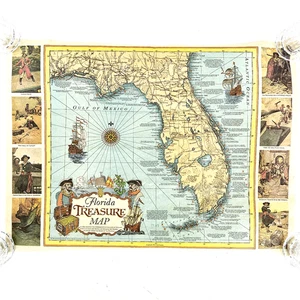 VINTAGE 1990 FLORIDA Pirate Treasure Map Poster FAUX PARCHMENT ~ 23" x 17" - Picture 1 of 11