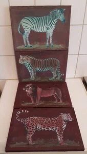 Bilder Löwe Tiger Leopard Zebra, Leinwanddruck auf Holzrahmen 1980er 4 Stück - Bild 1 von 6