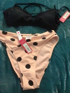 Xhilaration bikini black padded top high waist  bottom pink dot medium - Picture 1 of 4