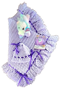 Crocheted Soft Lilac Baby Afghan w/Ribbon/Hat/Pacifier/Fuzzy Animal New/Handmade - Picture 1 of 12