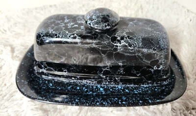 Vintage Blue And Black Mikasa Ultrastone Black Granite Butter Dish Porcelain... - Image 1 of 4
