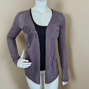Anthropologie Sparrow Open Front Linen/Cotton Flower Detail Cardigan~Size XS - Picture 1 of 11