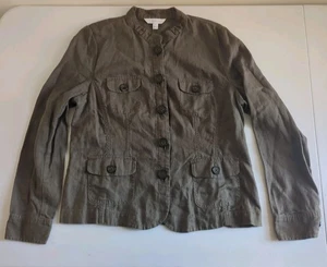 Relativity 100% Linen Women's Sz L Jacket Collarless Khaki W/Stylish Details - Picture 1 of 7