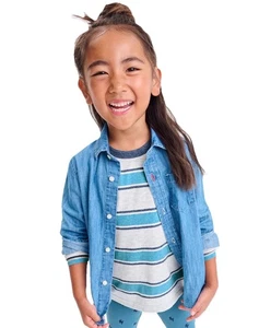 Primary Unisex Kids Long Sleeve Blue Chambray Button Down Shirt Size 6-7 - Picture 1 of 5