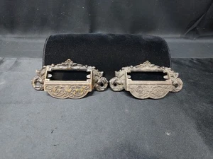 2 VICTORIAN EASTLAKE CAST DRAWER PULLS Apothecary Or Library Card Holder ORNATE - Picture 1 of 6