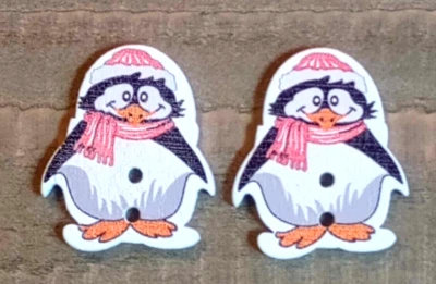 2 Penguin Pink Scarf Sewing Buttons Crafting Wood 2 Hole 1 1/8"  - Image 1 of 2
