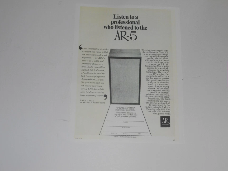 Anuncio de altavoz Acoustic Research AR-5, 1 página, 1974, artículo e información Foto 1 de 1