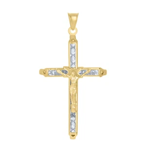 10kt Yellow Gold Mens Women Princess Cut CZ Crucifix Cross Charm Pendant - Picture 1 of 1