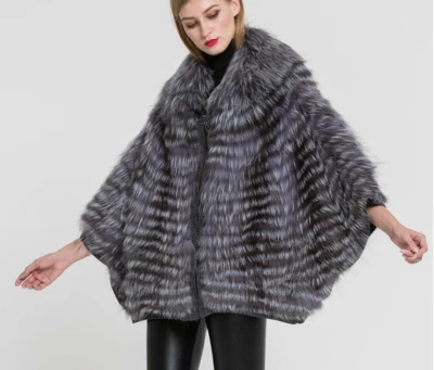 Womens Coats Fur Cape Batwing Sleeves Jacket Fashion Sliver Fox Fur Shawl Poncho - Image 1 of 4