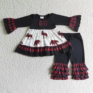 Girls Buffalo Reindeer Bear Tunic Triple Ruffle Pants Set 2pcs Christmas Outfit - Picture 1 of 1