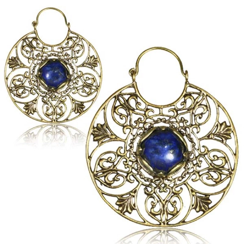 PENDIENTES PIEDRA LATÓN Y LAPISLÁZULI FLOR MANDALA TRIBAL AROS GRANDES PERCHAS MEDIDORES Foto 1 de 1