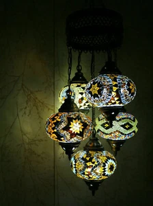 Turkish Moroccan Mosaic Hanging Ceiling Chandelier Lamp Light 5 Large Globe UK - Picture 1 of 3