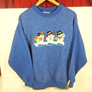 Vintage Embroidered Christmas Snowmen Blue Sweatshirt Whispers Label Size Large - Picture 1 of 14