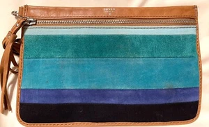 Fossil Striped Multicolor Leather Suede Fabric Zipper Fringe Wristlet Clutch Vin - Picture 1 of 9