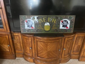 Vintage Pabst Blue Ribbon Beer Faux Stained Glass Bar Sign NOS NM - Picture 1 of 8
