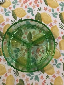 Vintage Green Uranium Vaseline Depression Glass 3 Section Divided Dish 6.5” - Picture 1 of 2