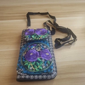 Bolso sin asas bandolera boho mexicano bordado púrpura floral cremallera alrededor - Imagen 1 de 14