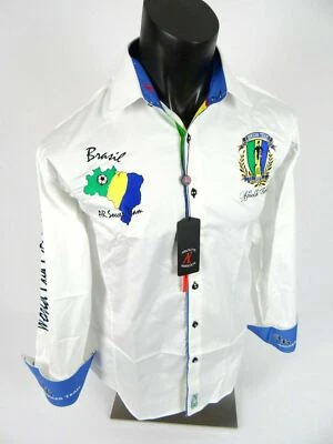 Camisa Para Hombres Rebelión Absoluta Blanca Bordada Botón Delantero FÚTBOL MUNDIAL BRASIL Foto 1 de 4