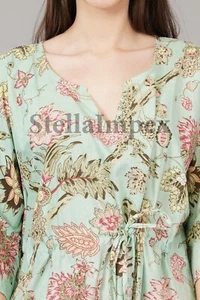 Indian Handprint Cotton Kaftan, Elegant Green Floral Long Caftan Beach Wear - Picture 1 of 7