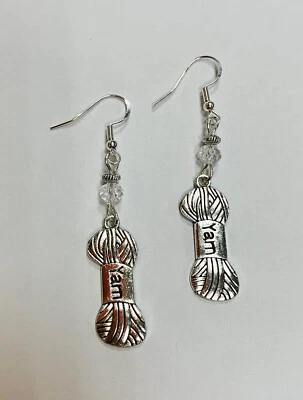Yarn Charm Earrings with Clear Crystal Beads, FREE SHIPPING, Knitting, Crochet - Image 1 of 2