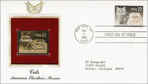 Cats Persian American Shorthair Cats USA Golden Gold 22k Plated Stamp FDC 1988 - Picture 1 of 2