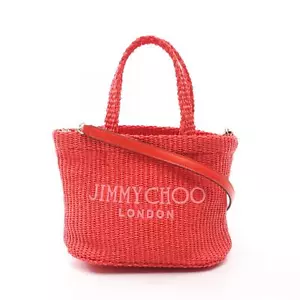 JIMMY CHOO BEACH TOTE E/W MINI JYN 2way Shoulder Bag Raffia Red Pink Used Women - Picture 1 of 7