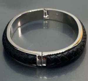 Joan Rivers Women’s Bangle Bracelet Silver Tone Black Braided Leather 7.25” - Picture 1 of 5