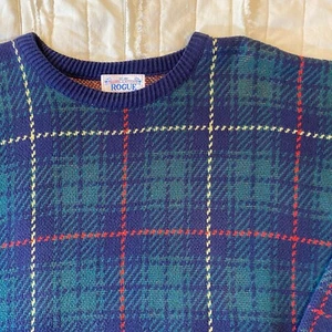 Vintage 90s Rogue Sweater Mens XL Blue Green Plaid Crew Neck Pullover Oversized - Picture 1 of 9
