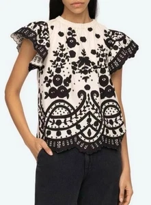 $295 JOELLE APPLIQUE FLUTTER SHORT SLEEVE TOP BLOUSE from ANTHROPOLOGIE Size S - Picture 1 of 24