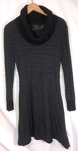 Prana Black Sweater Dress Long Sleeve Turtle Cowl Neck ALine Lt Stripes Sz S - Picture 1 of 10