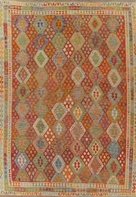 Flat Weave Kilim Geometric Oriental Area Rug Room Size Reversible Carpet 10'x13' - Image 1 of 4