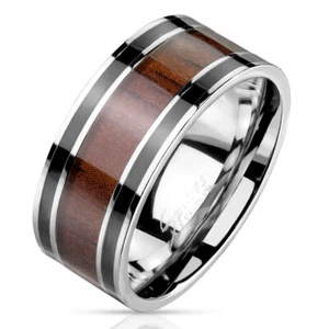 BAGUE ANNEAU DE FIANCAILLES HOMME ACIER LIGNES NOIRES ET BANDE BOIS MARRON M7274 - Imagen 1 de 1
